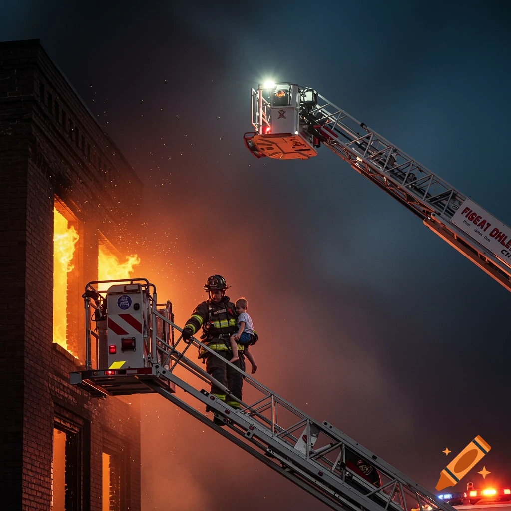 A firefighter carries a child down a ladder from a burning building at night.