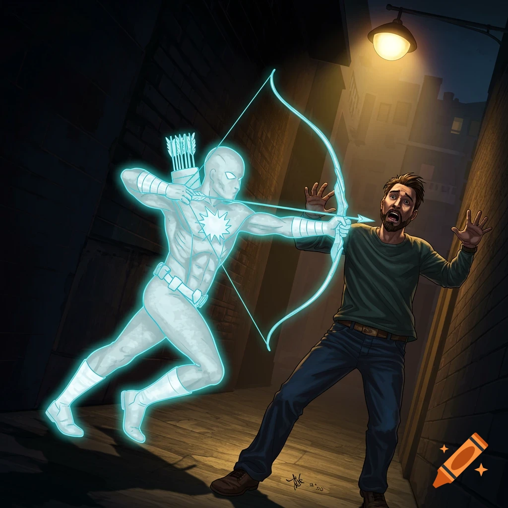Superhero with invisibility powers fighting a man with a bow and arrow ...