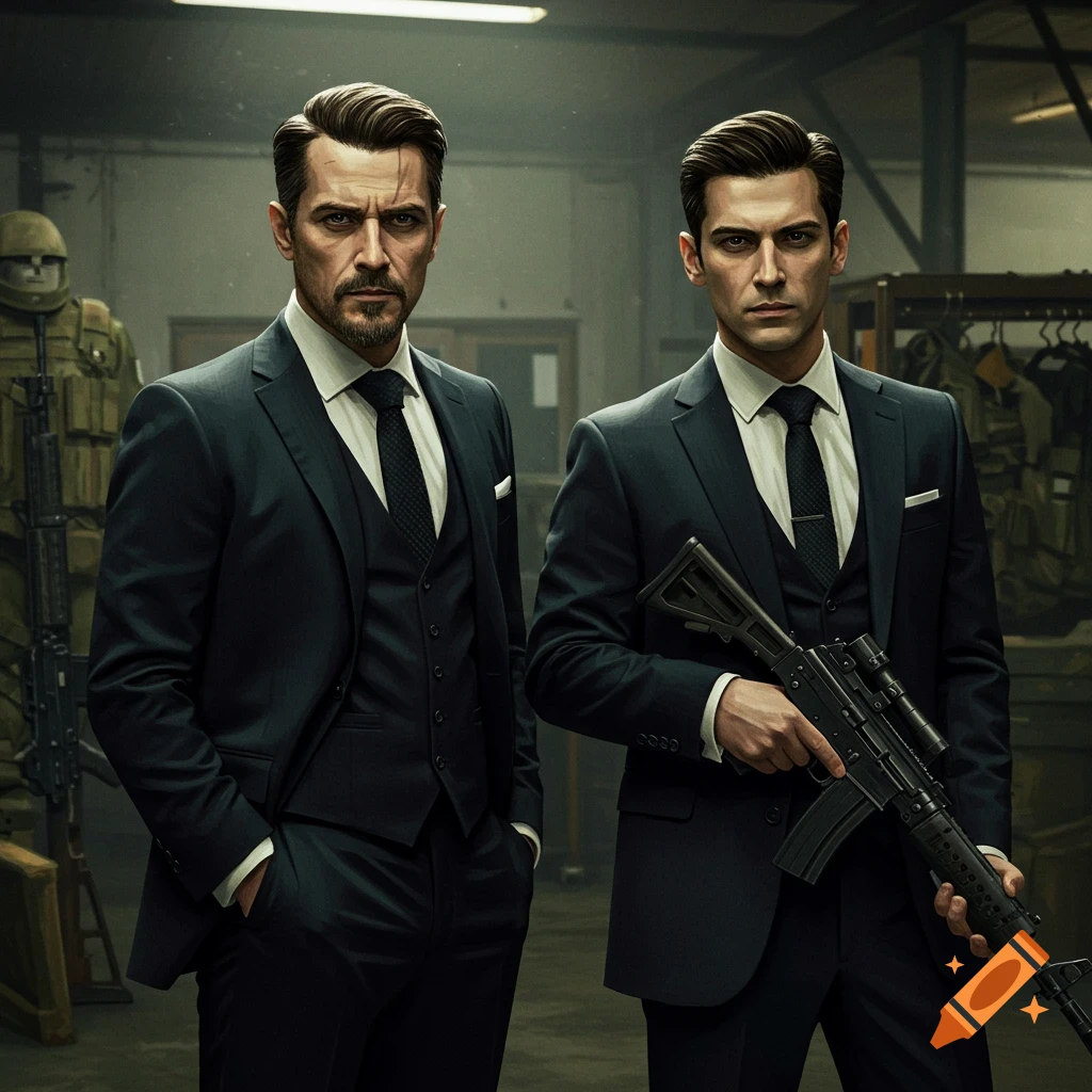 Two men in suits, one holding a rifle, stand in a warehouse with military gear.