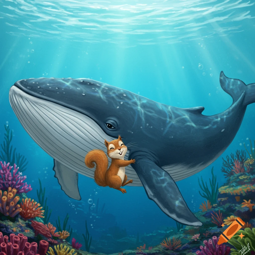 A squirrel hugging a large whale underwater with coral.