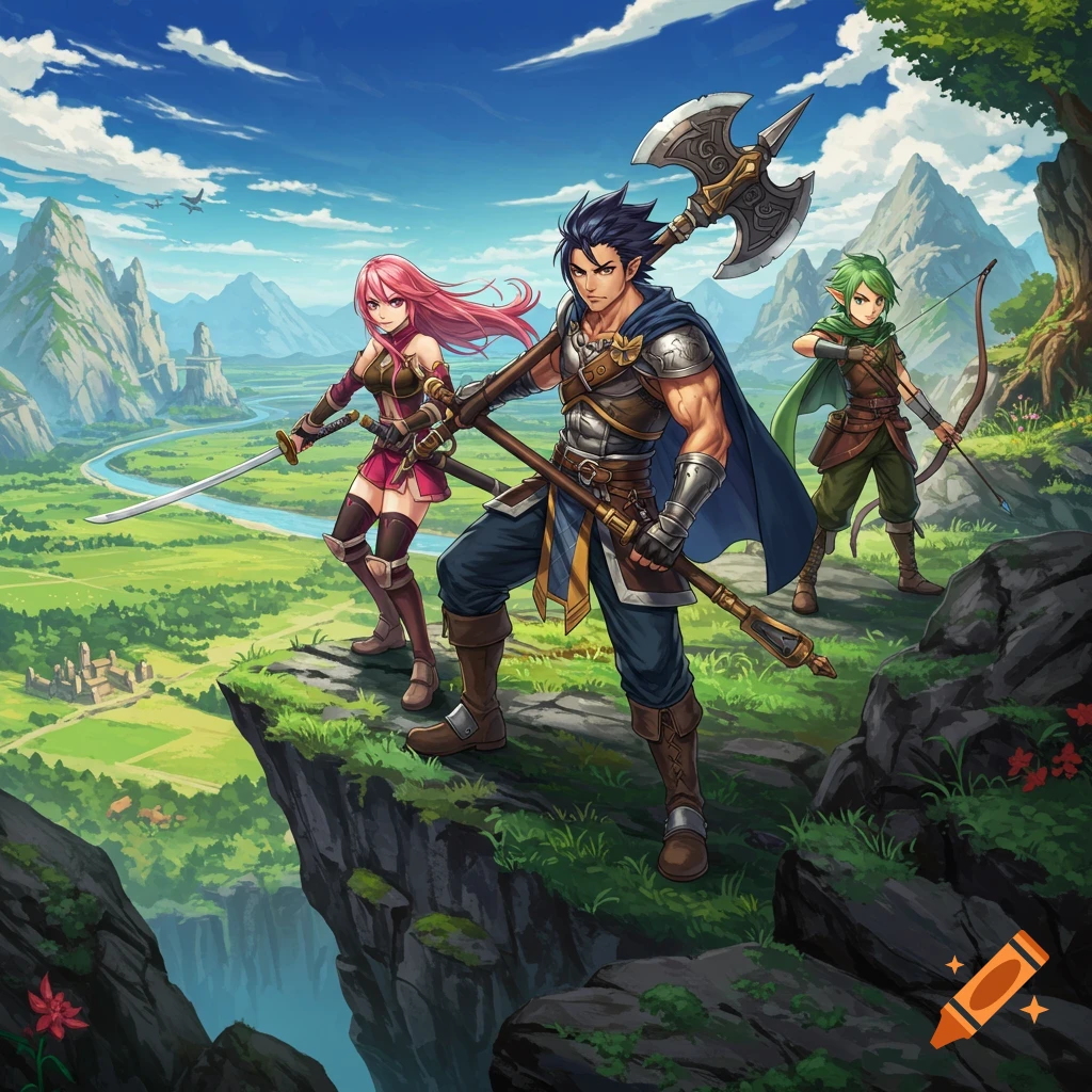 A group of three fantasy adventurers stand on a cliff overlooking a valley landscape.
