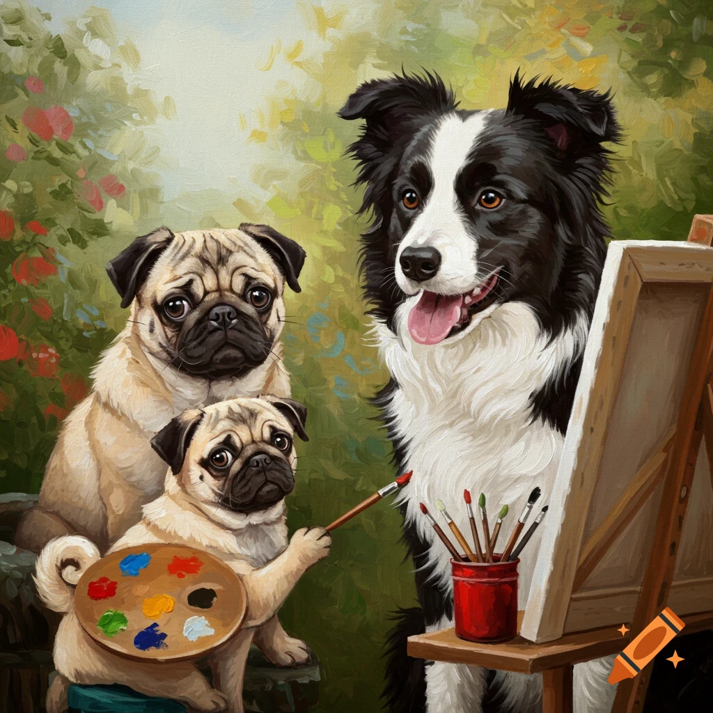 Two pugs and a border collie next to an easel with paint brushes and a palette in a painterly style.