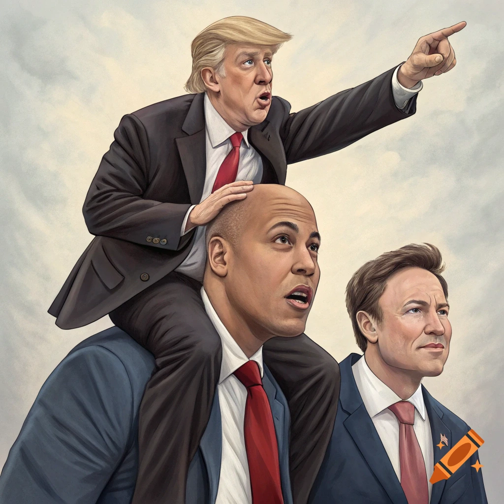 Political figures: Donald Trump on Cory Booker's shoulders pointing, with another man nearby, stylized portrait.