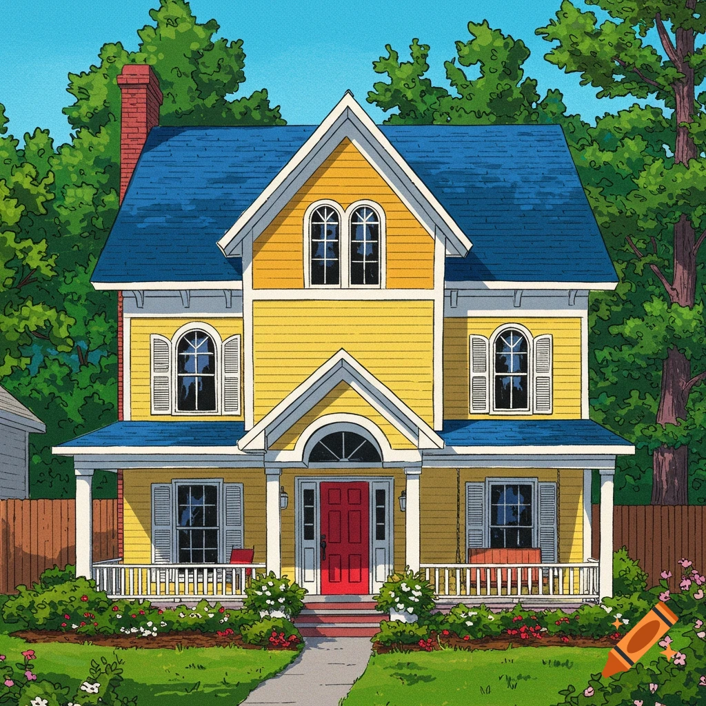 A yellow house with a blue roof and red door.