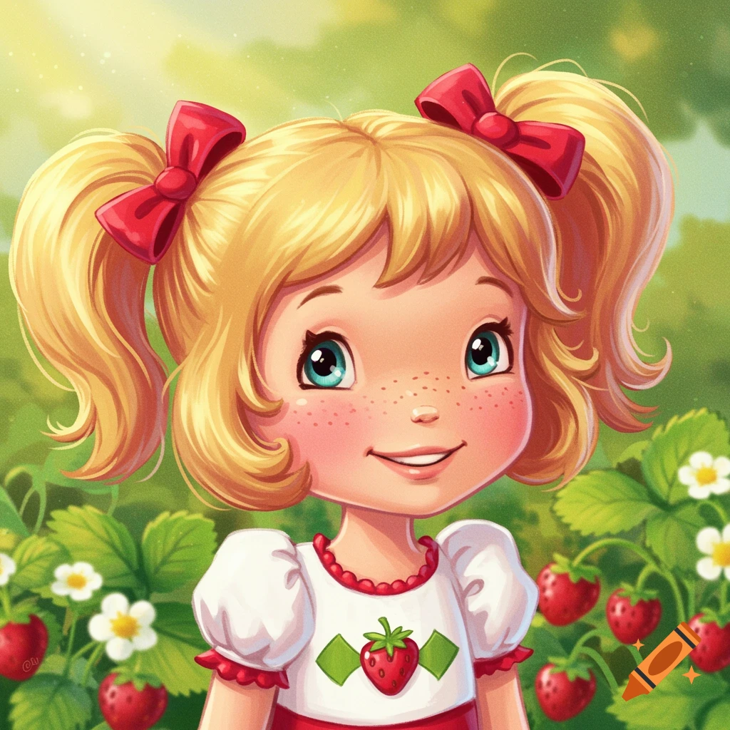 Strawberry Shortcake smiling in a strawberry patch.