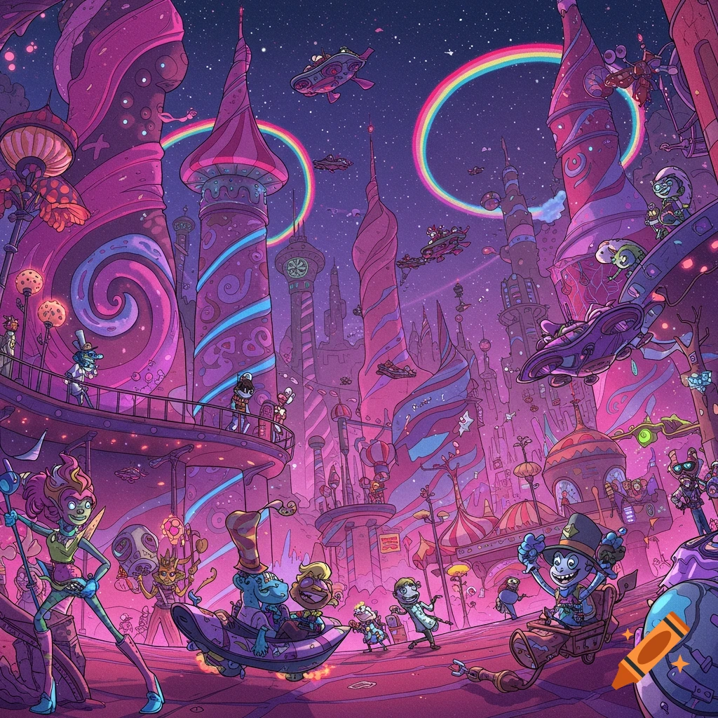 Vibrant illustration of a whimsical alien city at night with surreal buildings, flying vehicles, rainbows, and strange cartoon characters.