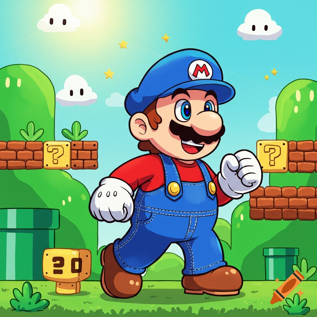 Cartoon character resembling Mario in a Super Mario Bros. inspired landscape with hills and question mark blocks.