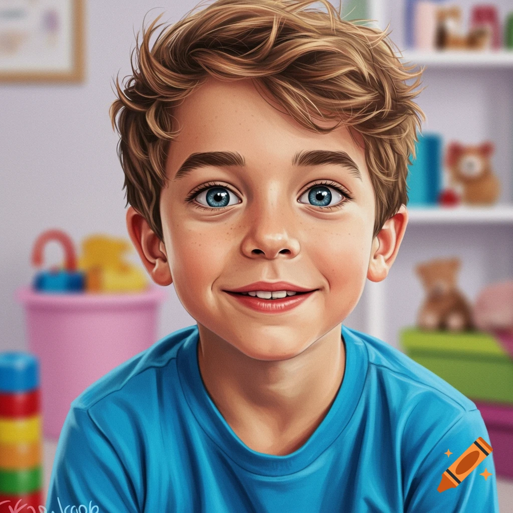 Portrait of a smiling young boy with blue eyes and brown hair.