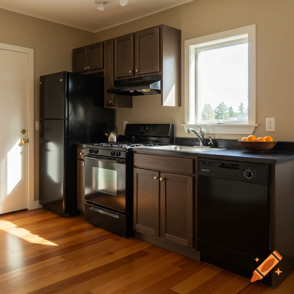 A kitchen with wooden floor, dark cabinets, black appliances, and sunlight streaming through a door.