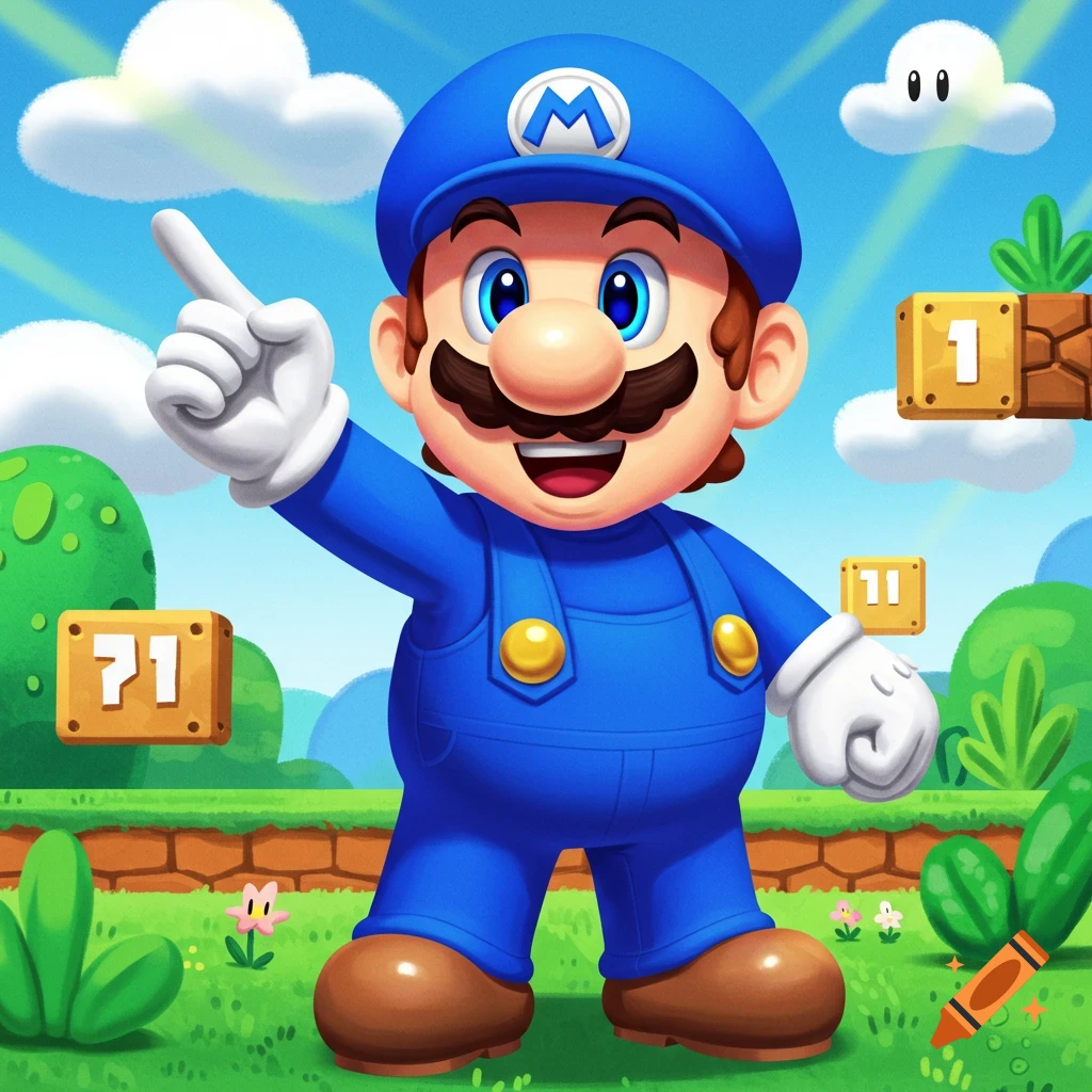 A blue-capped Mario pointing in a bright, grassy Super Mario Bros. style world.