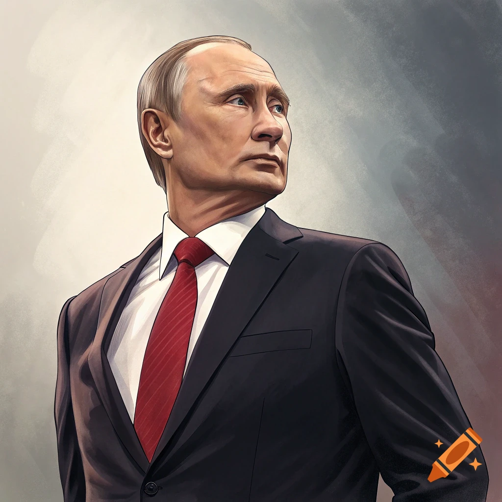 Illustration of a man resembling Putin in a suit and red tie, looking left
