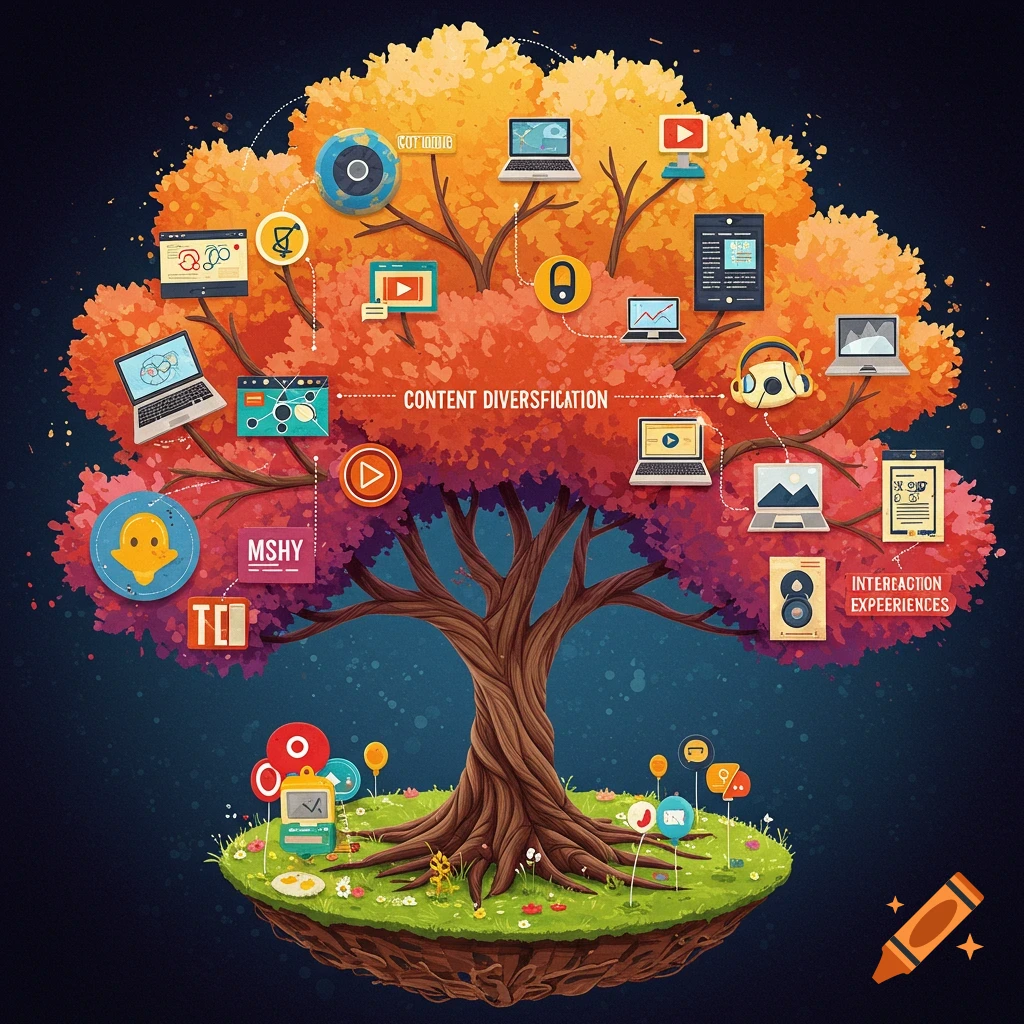 A stylized illustration of a tree with technology and media icons on its branches, representing content diversification.