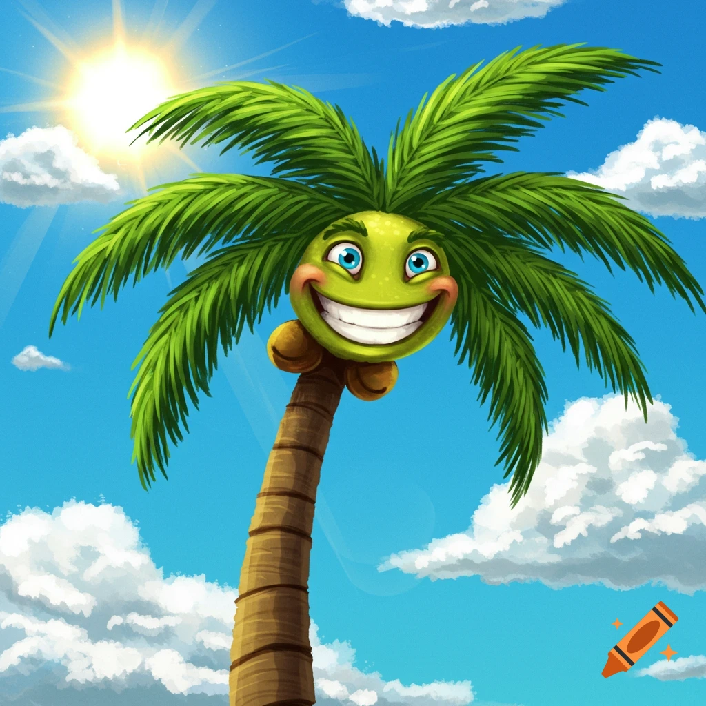 A cartoon palm tree with a big smile under a sunny, cloudy sky.