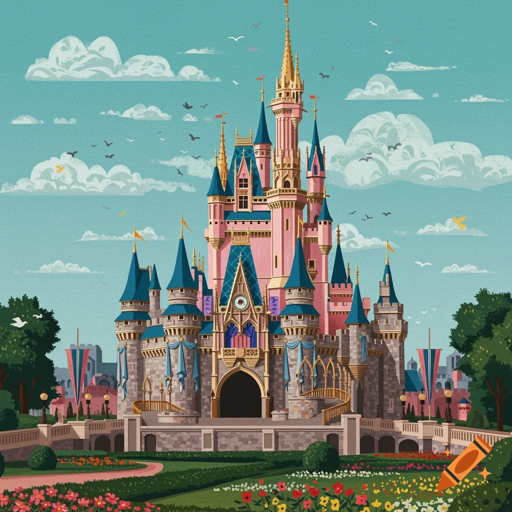 Whimsical illustration of a pink and blue fairytale castle with gardens, clouds, and birds.