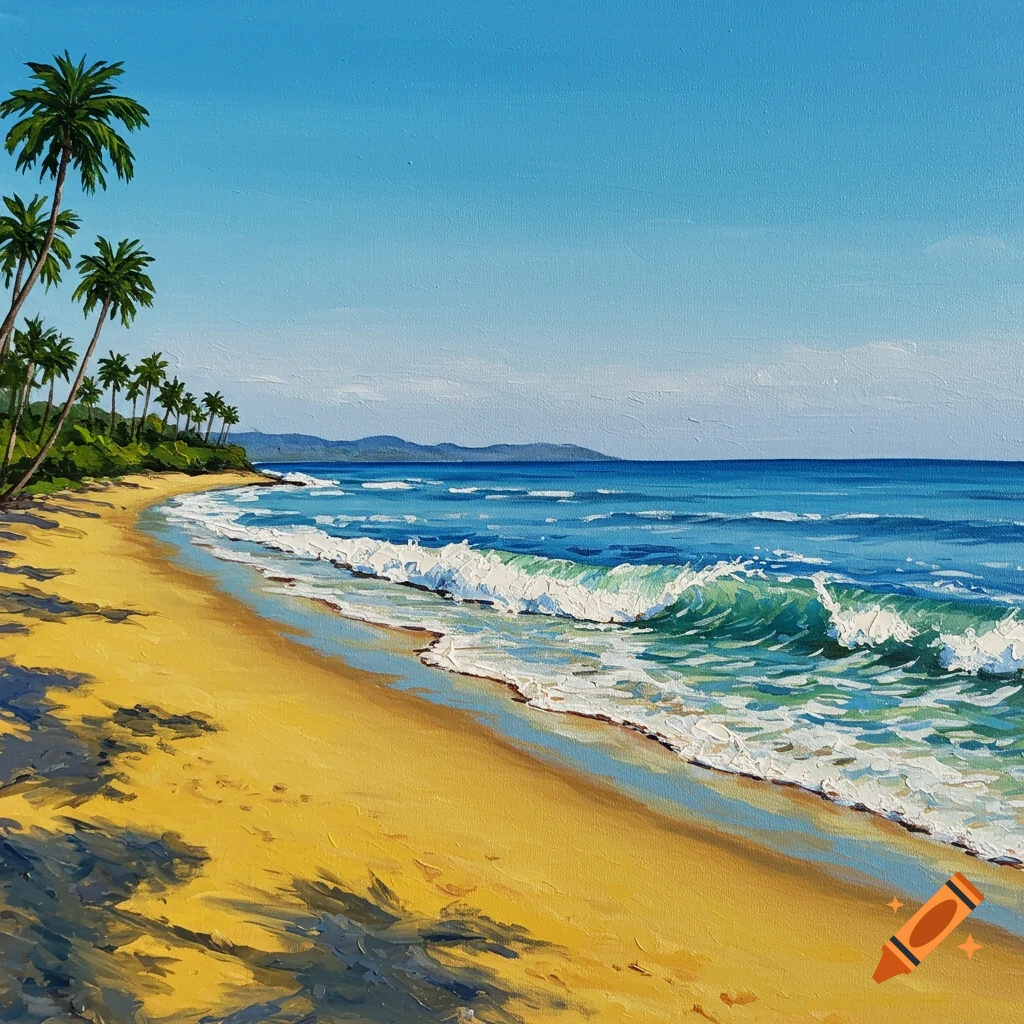 Acrylic painting of a tropical beach with palm trees, waves, and sand.