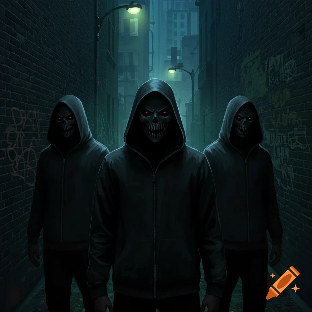 Three figures with skull faces and red eyes stand in a dark alley with graffiti.