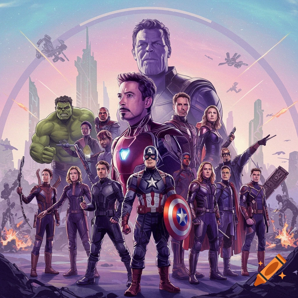 Avengers superheroes standing together with Thanos and city ruins in the background.