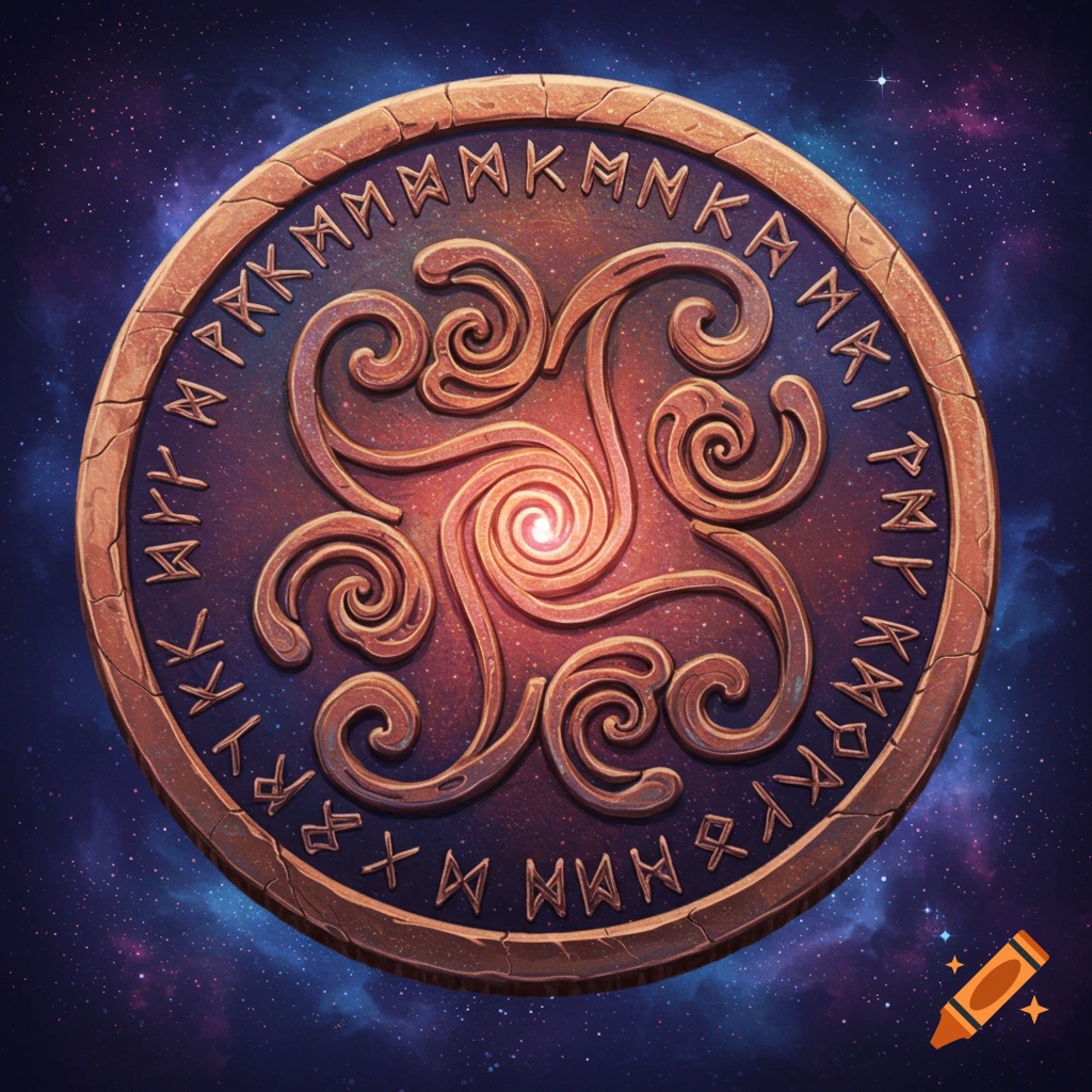 A mystical coin with swirling symbols and runes on a starry background.