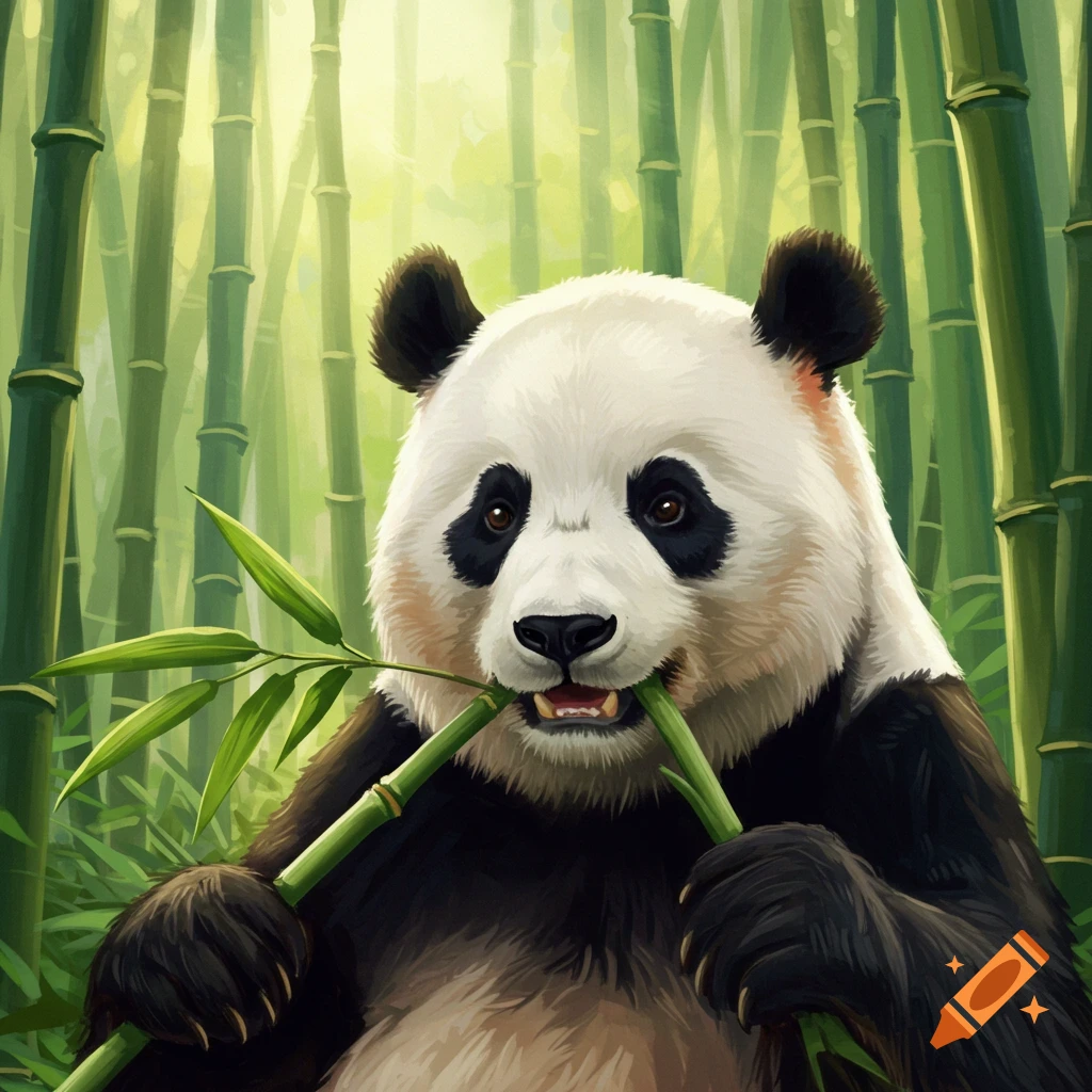 A panda eating bamboo in a forest.
