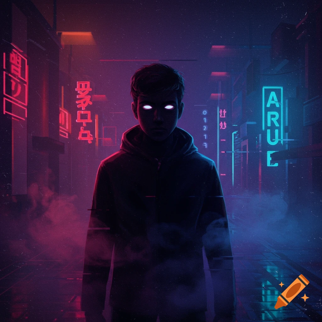 A young man with glowing eyes stands in a dark cyberpunk city with neon signs.