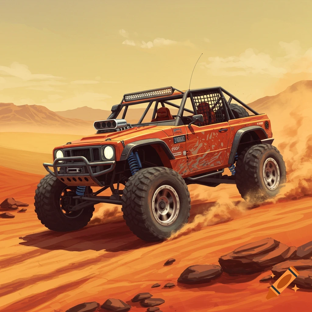 An orange off-road truck drives through a sandy desert landscape, illustrated digitally.