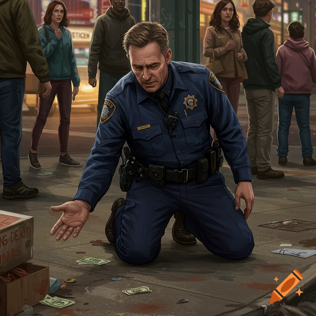 A police officer kneels on the ground, hand outstretched over money and coins, while people watch.