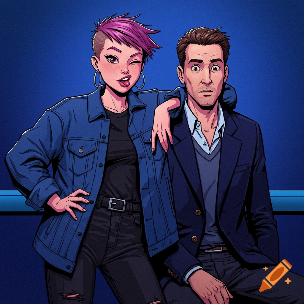 Digital illustration of a woman with pink hair and a man standing together against a blue background.