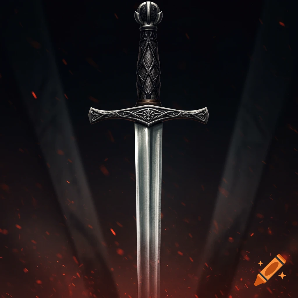 Close-up of a sword with a decorative hilt pointing down, surrounded by glowing sparks and light rays on a dark background.