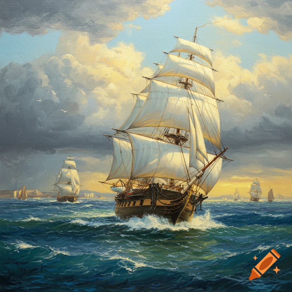 Classic maritime painting of sailing ships on a choppy sea under dramatic clouds with sunlight breaking through.