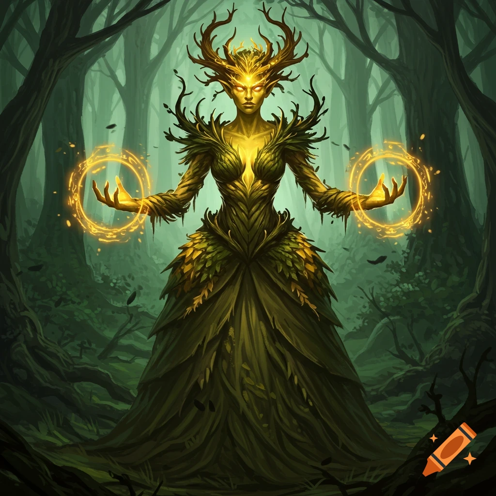 A radiant forest nymph with antlers and a leaf dress casts spells in an enchanted forest.