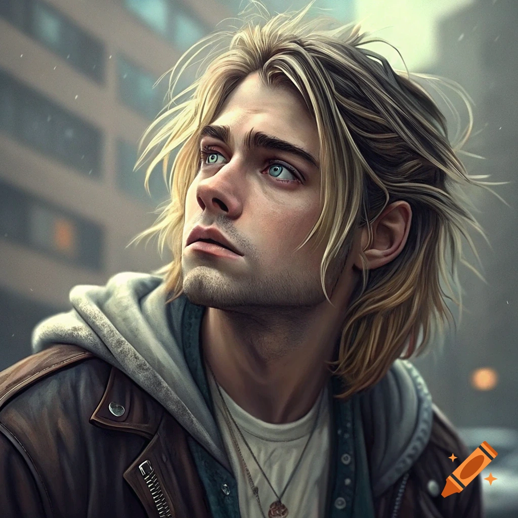 Stylized portrait of a man with blonde hair and blue eyes looking up in an urban setting.