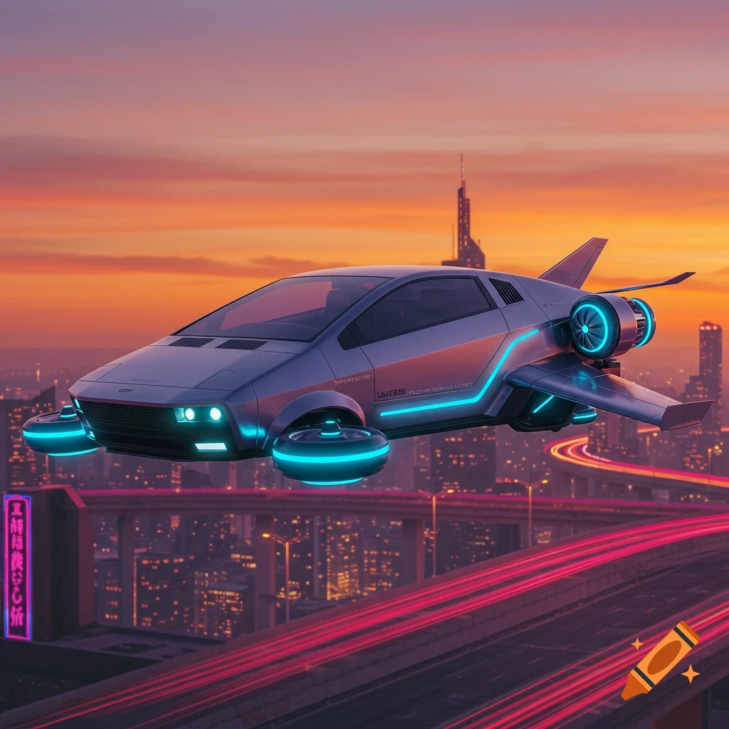 A futuristic flying car hovers over a city at sunset.