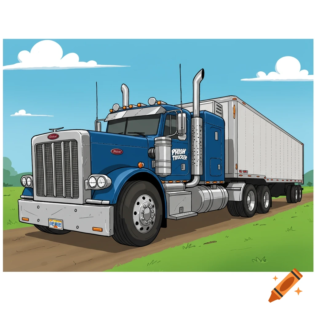 Cartoon illustration of a blue semi-trailer truck with a white trailer driving on a dirt road under a blue sky with clouds.