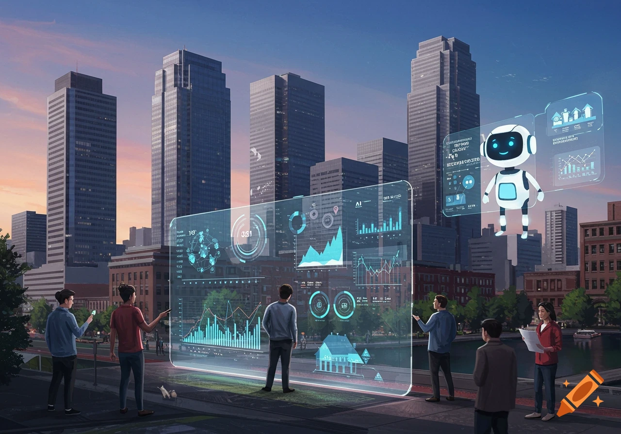 People view holographic data and a robot in a futuristic city setting.