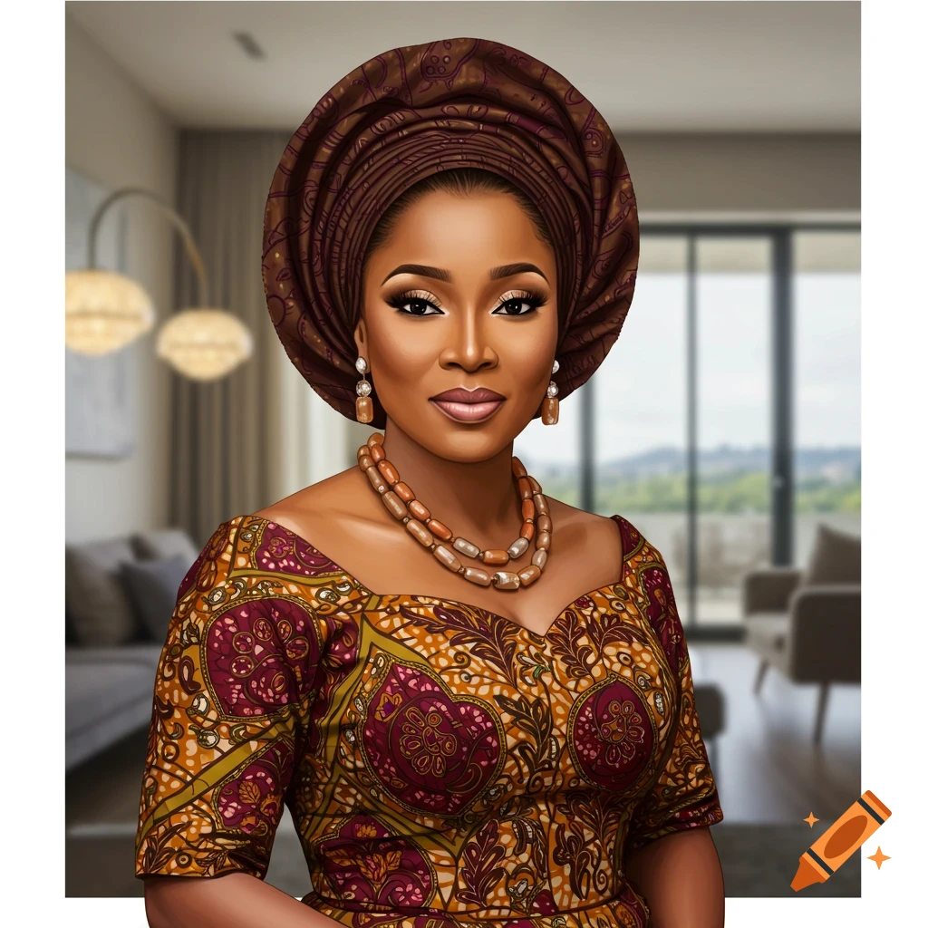 Portrait of a woman in Nigerian traditional clothing and gele headwrap