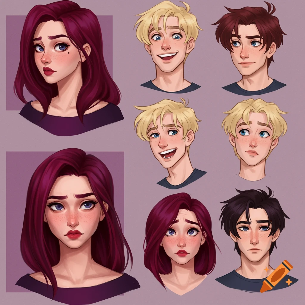 Character design sheet with multiple portraits of a young woman with red hair and two young men, one blonde and one with dark hair, in anime-Disney style.
