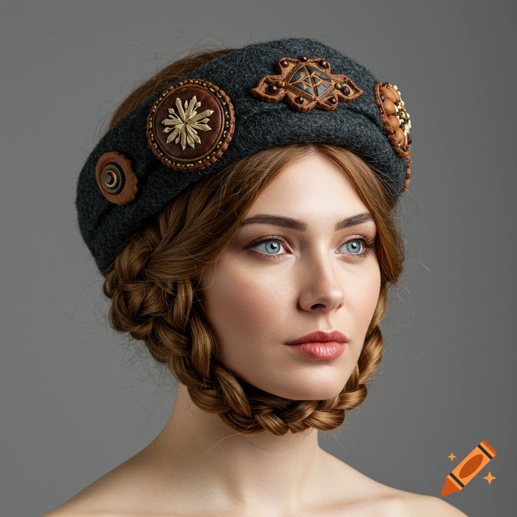 Portrait of a woman with braided hair wearing a decorative grey headband with intricate brown and beadwork