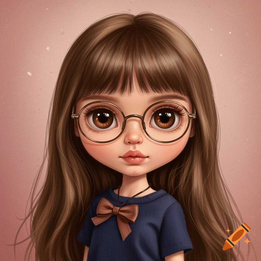 Stylized portrait of a girl doll with big brown eyes, glasses, and long brown hair.