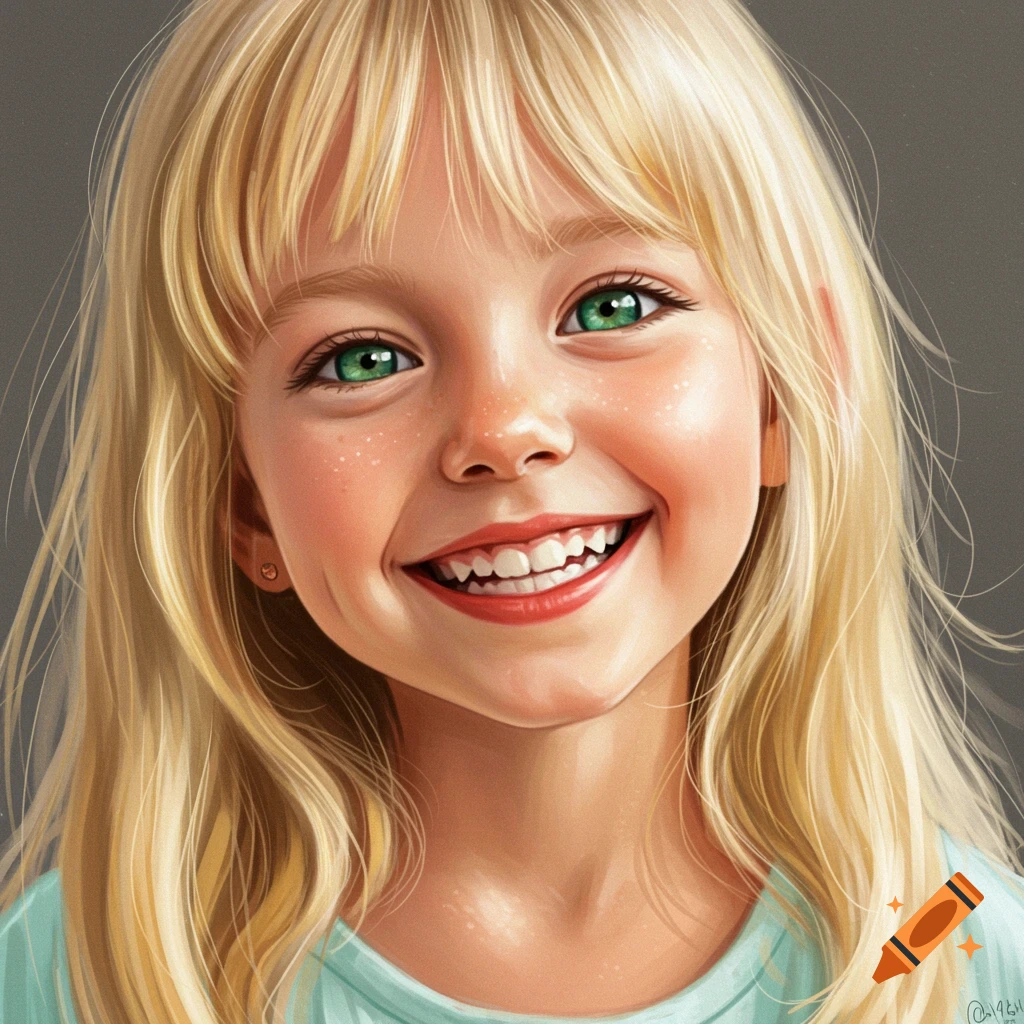 A young blonde girl with green eyes smiles joyfully.