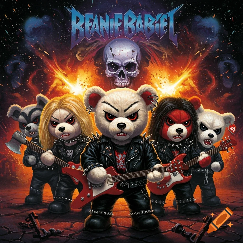 Anthropomorphic bears in heavy metal attire playing instruments under text and a skull.