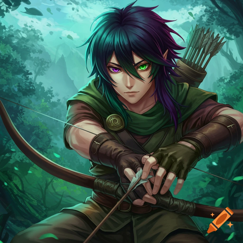Anime-style male elf archer with heterochromia eyes in a forest
