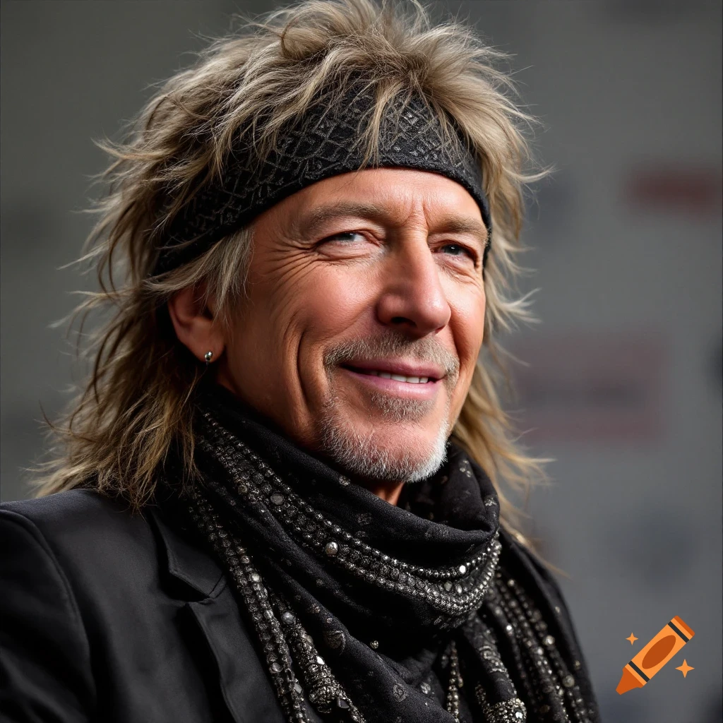 Close-up photorealistic portrait of a man resembling Bon Jovi wearing a headband and scarf