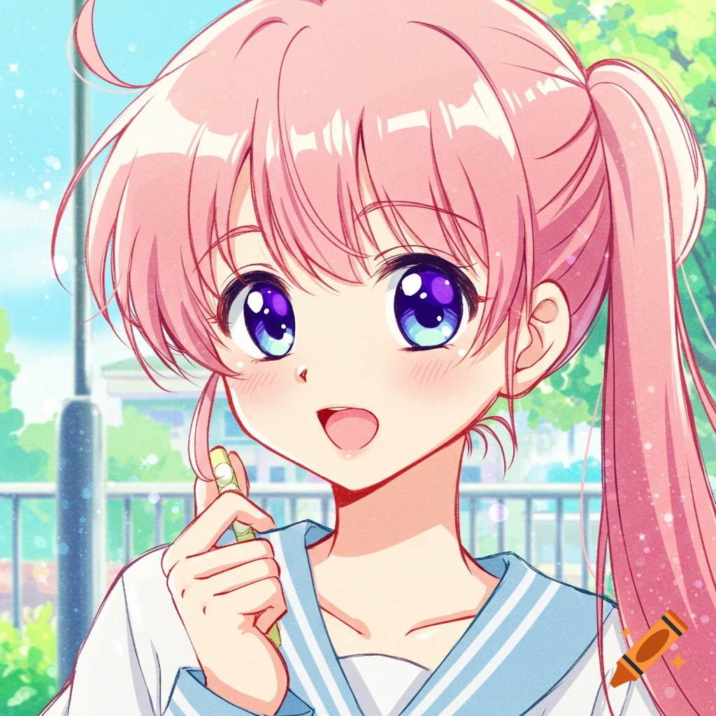 Close-up of an anime girl with pink hair smiling, holding a stick, in a sailor uniform, 2000s anime style.