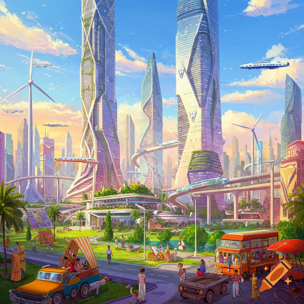 A vibrant futuristic city with tall skyscrapers, elevated transport, wind turbines, and people in a park.