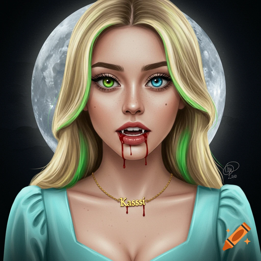 A portrait of a girl with green and blue eyes, blood dripping from her mouth, wearing a blue dress and a necklace.