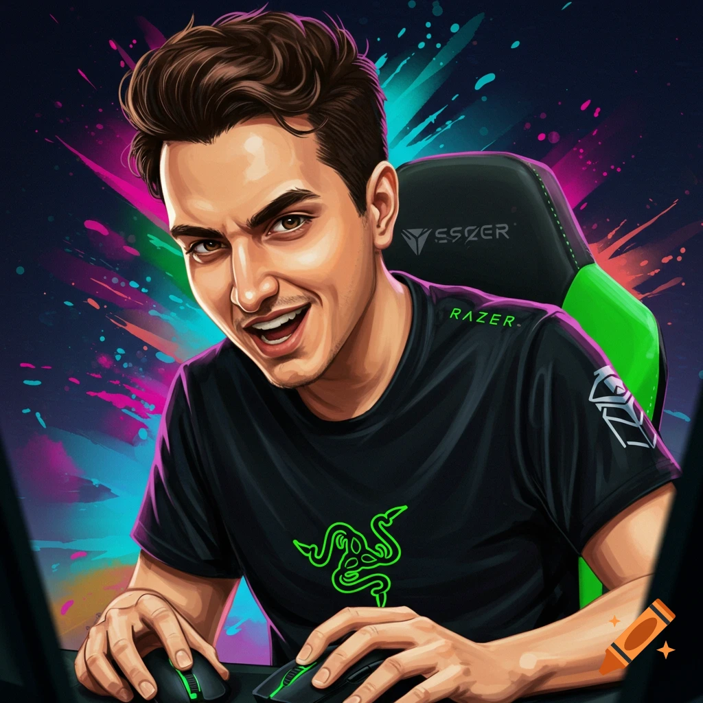 A gamer playing at a computer, wearing a Razer shirt.