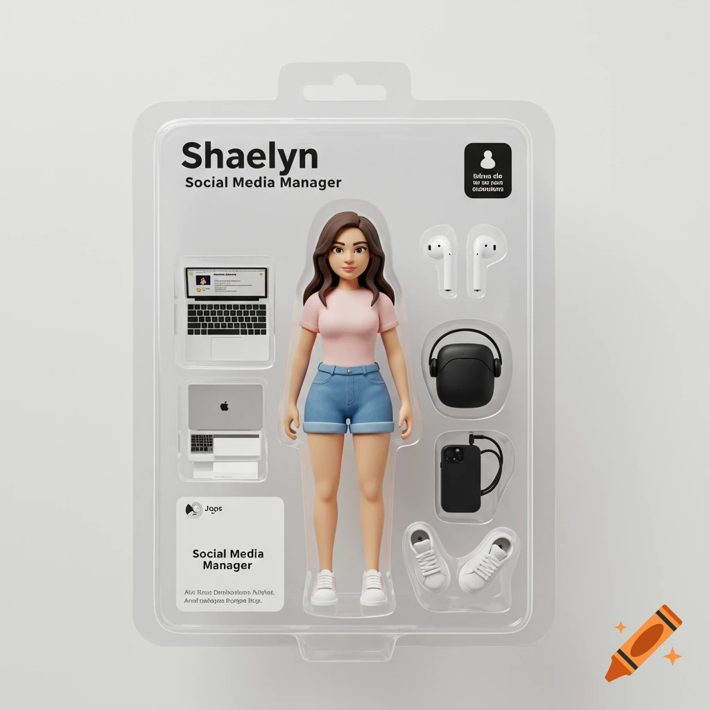 3D render of a 'Shaelyn Social Media Manager' action figure in blister packaging with accessories.