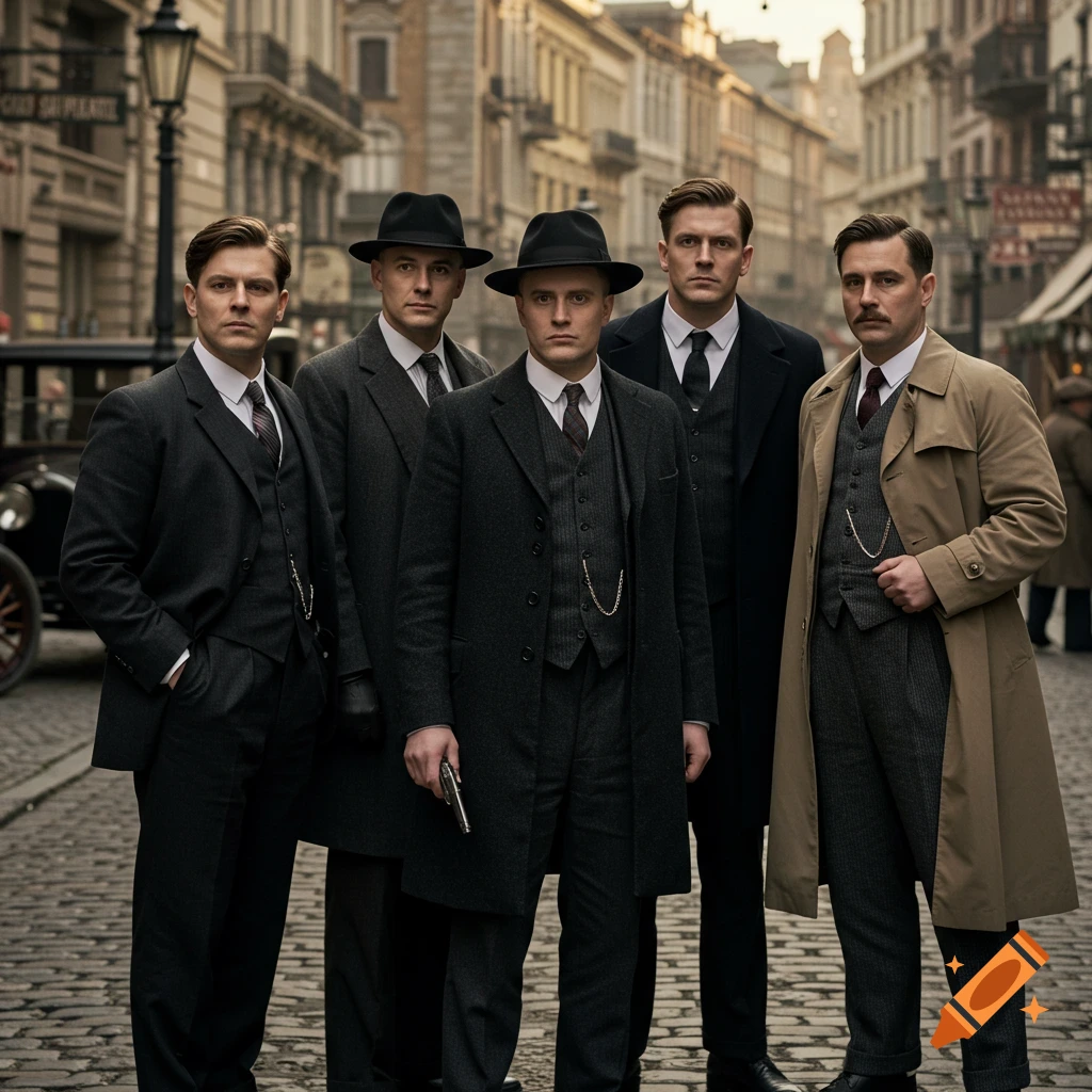 Five men in suits and hats stand in an early 1900s street scene.