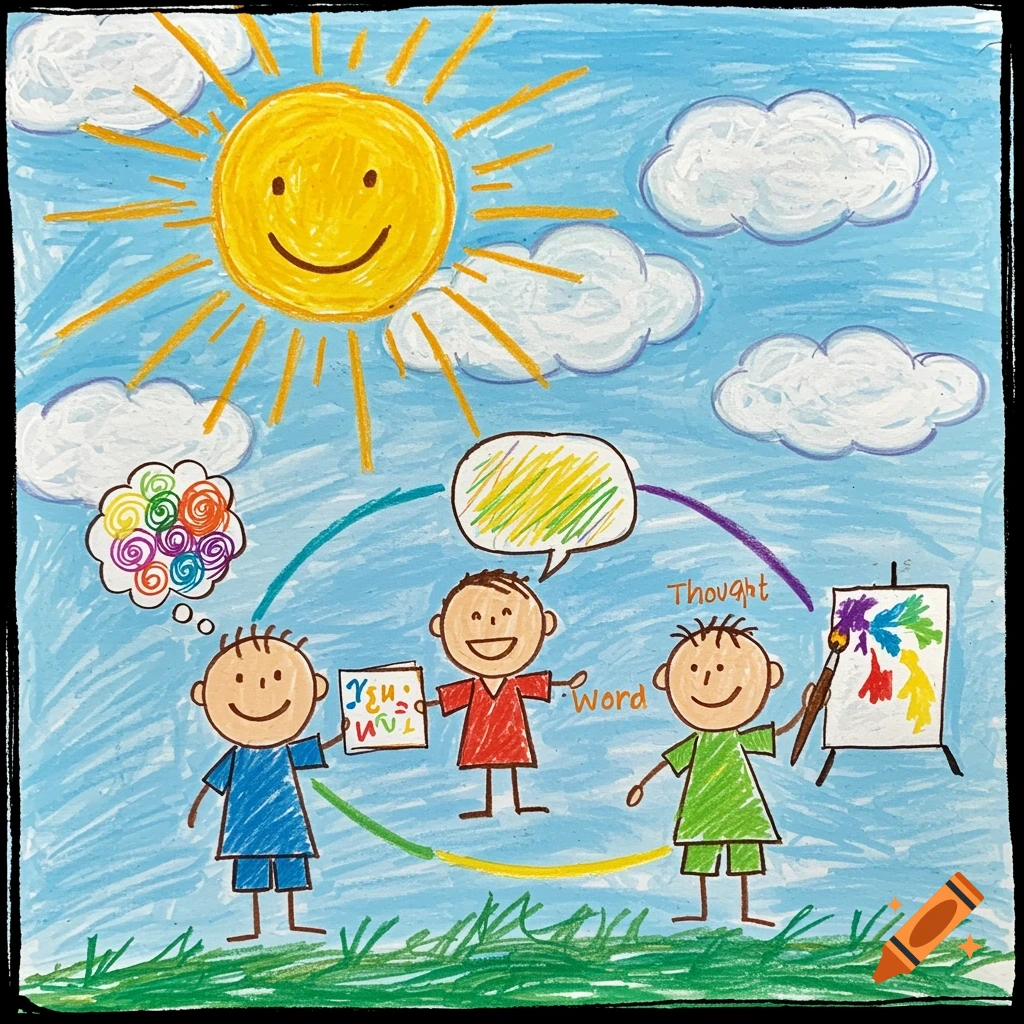 Childlike crayon drawing of three figures representing thought, word, and deed under a smiling sun.