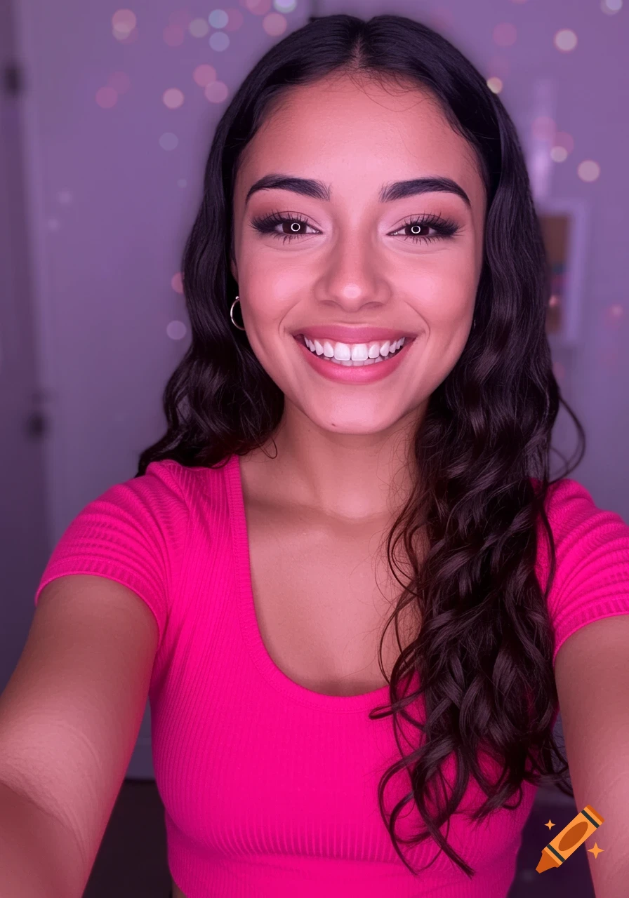 Close-up selfie of a young Hispanic woman smiling in a bright pink crop top with a blurry pink background